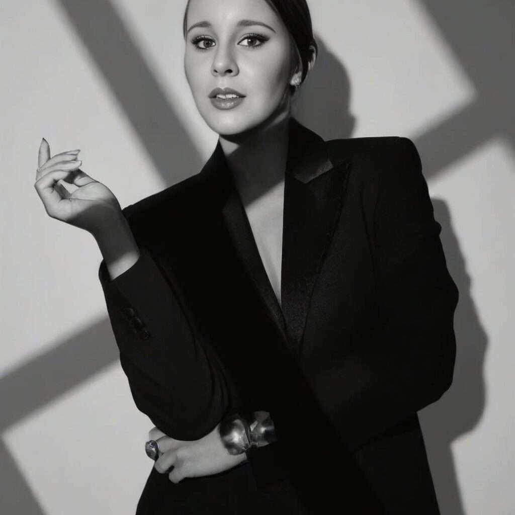 Sophisticated portrait of a woman in a blazer, exuding confidence and professionalism.